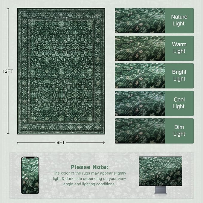 9x12 Area Rugs Living Room: Washable Rug for Bedroom Deep Green | Vintage No Slip Stain Resistant Rug Soft Indoor Decor Floor Floral Area Rugs for Dining Room, Nursery, Hallway, Home Office