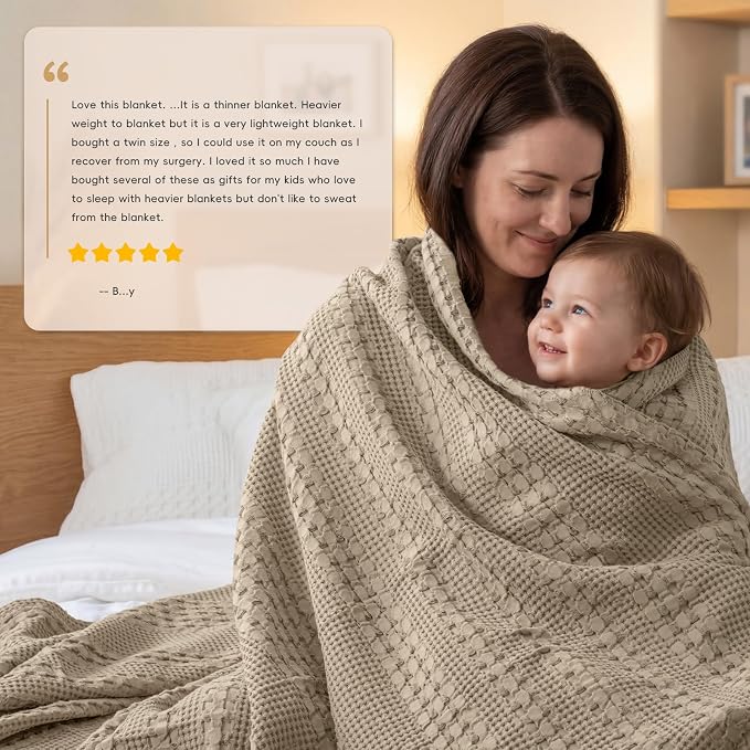 PHF Lightweight 100% Cotton Waffle Throw Blanket for Couch, Taupe | Pre-Washed Soft Cotton Comfort, Breathable Layering Warmth for Fall & Winter, Office, Travel, Sofa, Home Decor & Gifts