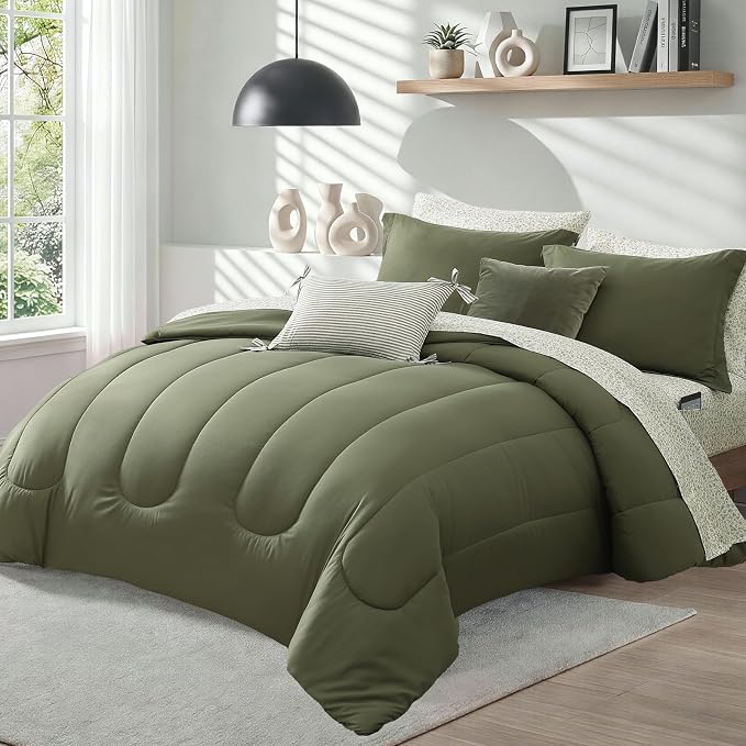 Monbix Queen Comforter Set - 7 Pieces Soft Bed in a Bag Queen Bedding Sets | All Season Green Track Stitching Comforter Bed Set with Printed Sheets, Pillowcases & Shams