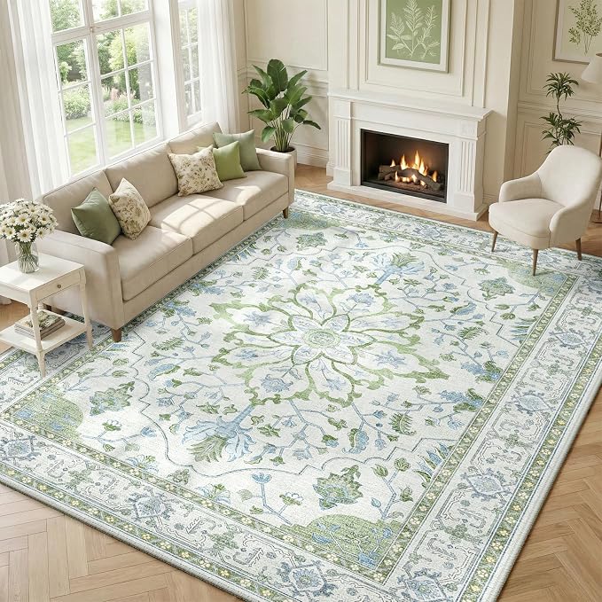 RELEANY Washable Area Rug, Large 9'x12', Green/White/Blue | Non-Slip, Water Repellent, Pet Friendly, Easy to Clean, Vintage Floral Boho Decor for Living Room Bedroom Dining Room