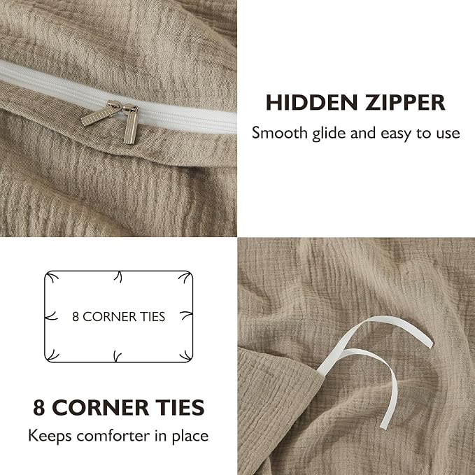 EMME Muslin Cotton Duvet Cover Set Twin Size Khaki Linen Like Soft Breathable Lightweight Summer Comforter Cover Set with Zipper Closure (Khaki, Twin, 68"x90")