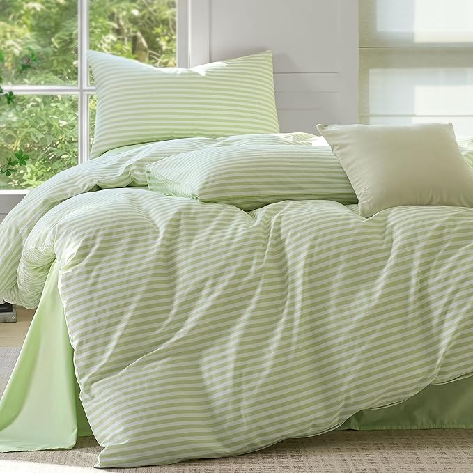 JELLYMONI 100% Cotton Printed Striped Queen Duvet Cover Set, Sage Green | Breathable and Soft, Classic Stripes, 8 Corner Ties & Double-Head Hidden Zipper, For Master or Guest Bedroom