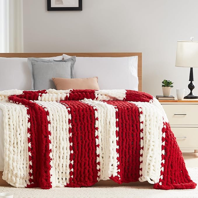 L'AGRATY Chunky Knit Throw Blanket for Couch, 60 x 80 Inches, Red White | Handmade Chenille Crochet Blanket for Sofa Bed, Thick Cable Knitted Blankets for Room Home Decor, Birthday Gift for Women Mom