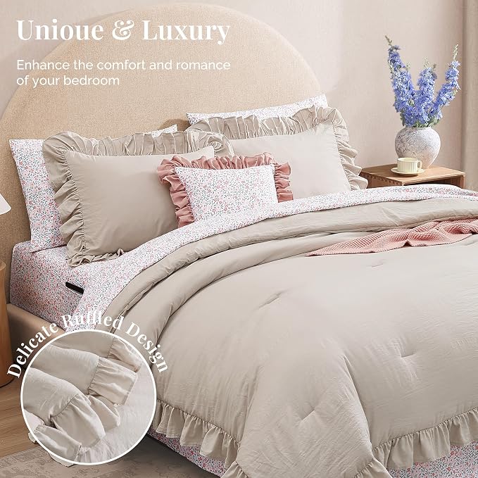 King Size Comforter Set-7 Pieces Ruffle Bedding Floral Sheet | Brich Bed in a Bag, Soft Lightweight All Season Farmhouse King Size Bedding Sets with Floral Sheets, Pillowcases & Shams