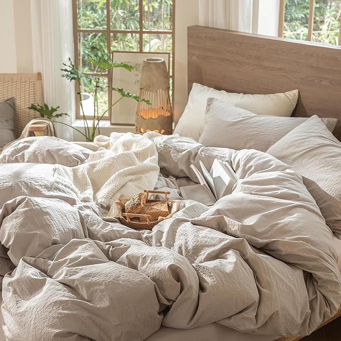 MooMee Wavy Striped Duvet Cover Set 100% Washed Cotton Linen Like Textured Breathable Durable Soft Comfy (Beige, Super King 108"x98")