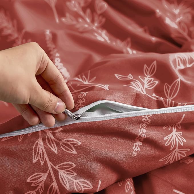 MUXHOMO Duvet Cover King Size, Reversible Floral Terracotta Duvet Cover Set with Zipper Closure, 3 Pieces Botanical Patterns Soft Microfiber Bedding Set (90"x104", 2 Pillow Cases 20"×36")