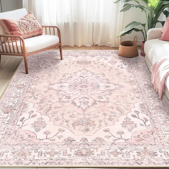 RELEANY Washable Area Rug, 5'x7', Pink | Non-Slip, Water Repellent, Pet Friendly, Easy to Clean, Vintage Floral Boho Decor for Living Room Bedroom Dining Room Office
