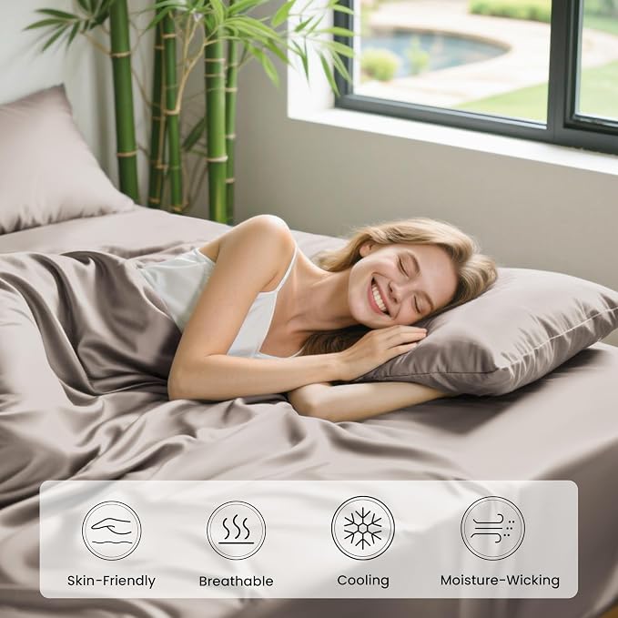 Love's cabin 3 Piece Twin Sheet Set, 100% Rayon Derived from Bamboo, Cooling & Breathable, Soft Silky Deep Pocket up to 16", Hotel Luxury Bedding for Hot Sleepers, Light Tan