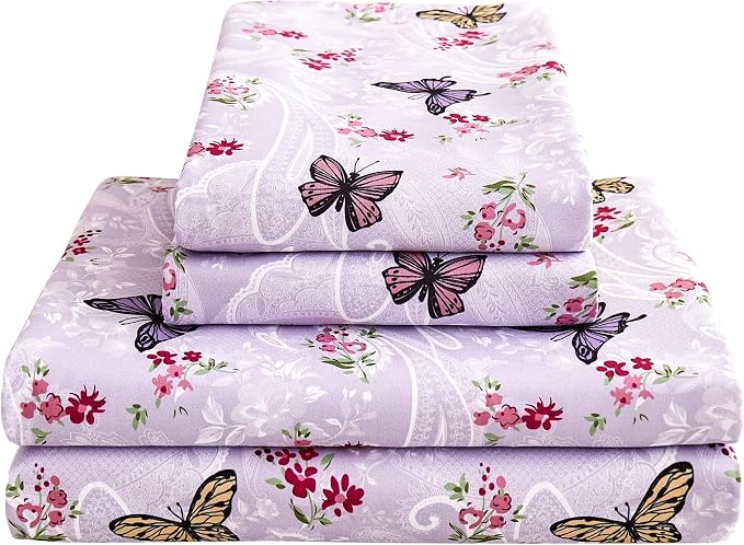 Softan Floral King Bed Sheets, Purple Paisley Flower Printed Sheet Set - Brushed Microfiber King Fitted Sheet with 15" Deep Pocket and Corner Straps, Butterfly Patterned Sheet & Pillowcase Sets
