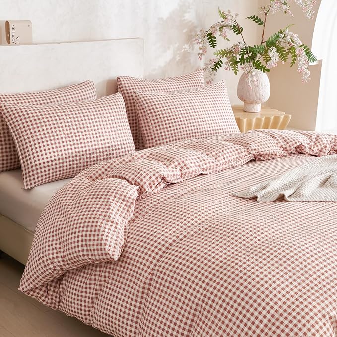 Brown Comforter Set Queen Soft Luxury Washed Microfiber 3 Pieces Bedding Set, White Brown Grid Pattern Comforter with 2 Pillowcases Breathable Durable Comfy