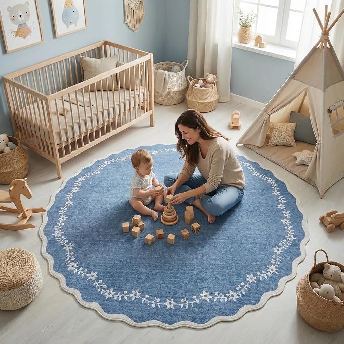 GarveeHome Round Area Rug 5ft Scalloped Washable Circle Rug for Bedroom | Soft Blue Non Slip Floral Print Floor Mat Carpet Indoor Thin Tent Rug for Kids Dining Room Playroom Nursery Entryway