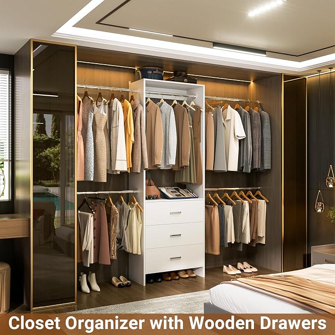 Aheaplus Closet System, 4.2-9Ft Closet Organizer with with 4 Rods, White | for Walk in Closet, Wardrobe Clothes Rack with Wooden Drawers, Garment Rack