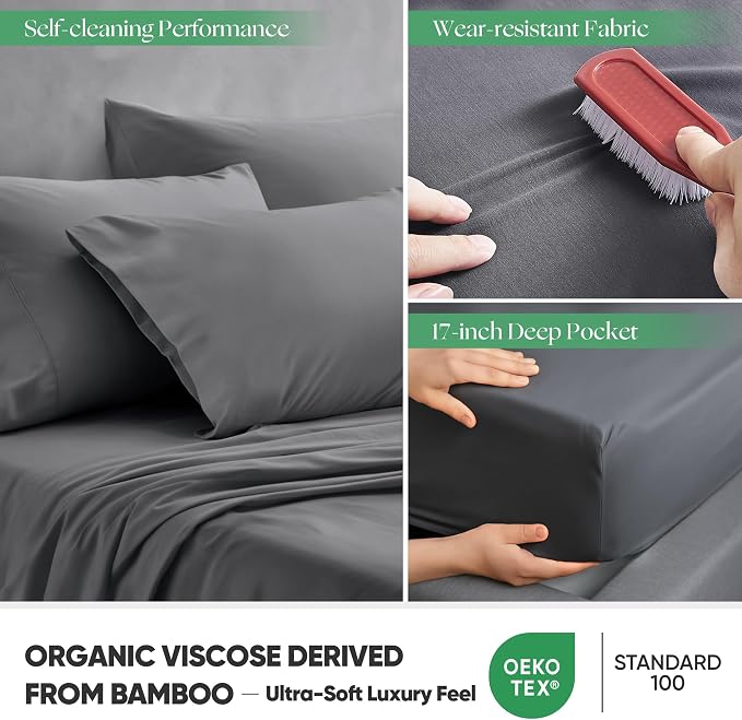 Silver Infused Bed Sheets Set, Temperature-Regulating Fabric with Self-Cleaning Technology for 3X Freshness Sleep, Genuine 100% Organic Viscose Derived from Bamboo (TwinXL, Darkgray)