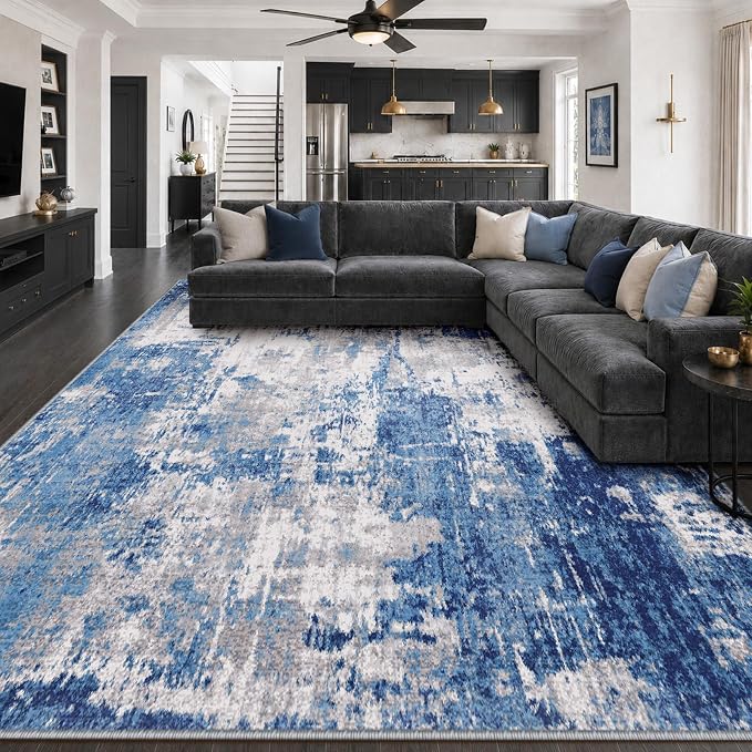 RELEANY Washable 10'x14' Abstract Area Rug for Living Room Blue Gray | Carpet for Bedroom, Kitchen, Office, Hallway and Entryway, Printed Pattern, Non‑Slip, Soft, Stain‑Resistant, Easy to Clean