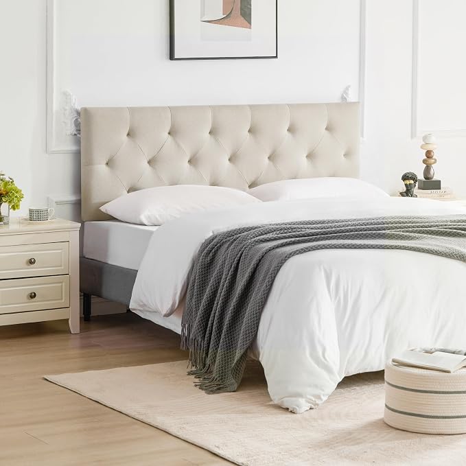 Linen Headboard King Size, Adjustable Height Headboard 37-51 in, Beige | Diamond Tufting Solid Wood King Headboards, Durable Metal Legs, Upholstered King Head Board for Bed Frame, Modern Fabric