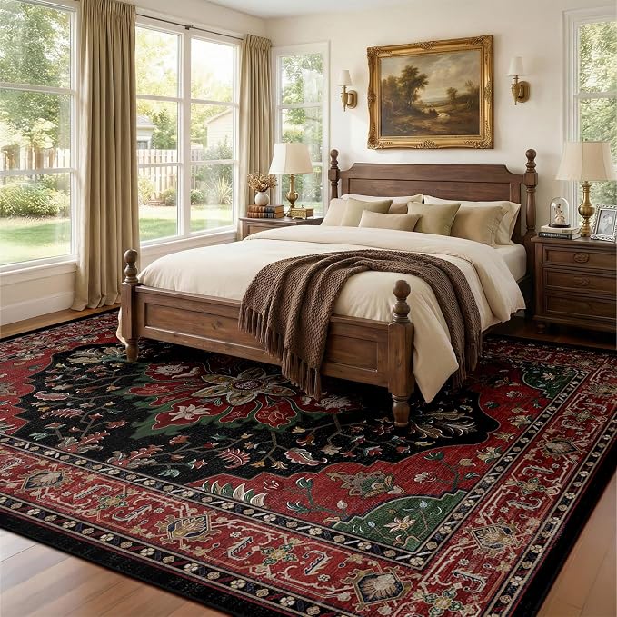 RELEANY Washable Area Rug, 8'x10', Red/Black | Non-Slip, Water Repellent, Pet Friendly, Easy to Clean, Vintage Floral Boho Decor for Living Room Bedroom Dining Room
