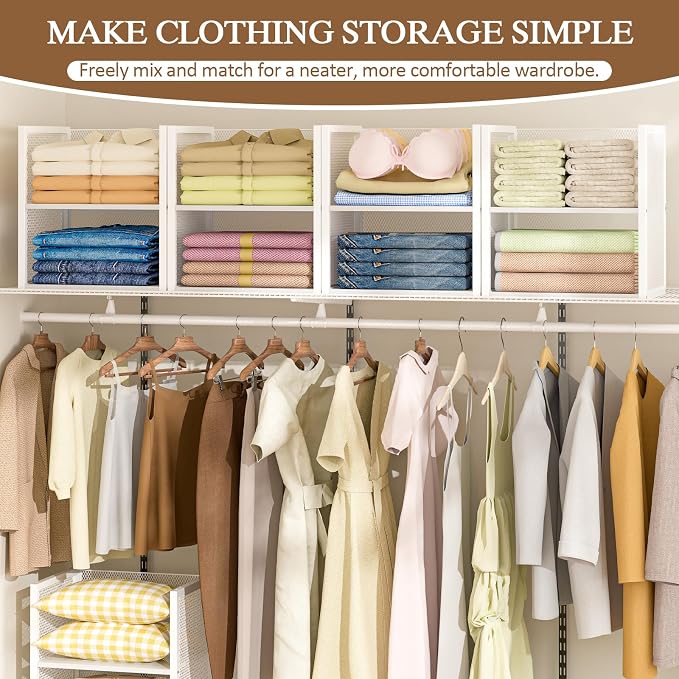 2-Tier Stackable Closet Organizers and Storage Basket, Wire Clothes Shelf Organizer Bins, Sweater Storage for Wardrobe Cupboard, Multifunctional Cube Storage Box for Kitchen Bath Laundry Room, White
