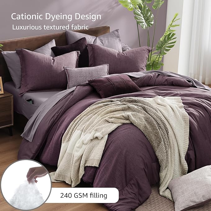 Monbix Super King Comforter Set 7 Pieces Italian Plum Bed in a Bag | Cationic Dyeing Reversible All Season Bedding Sets with Comforter, Sheets, Pillowcases & Shams