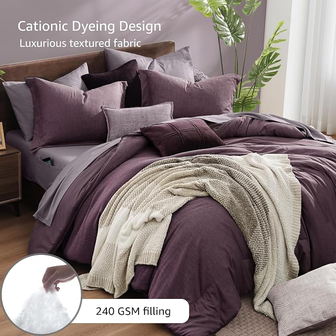 Monbix Oversized Queen Comforter Set 7 Pieces Italian Plum Bed in a Bag | Cationic Dyeing Reversible All Season Bedding Sets with Comforter, Sheets, Pillowcases & Shams