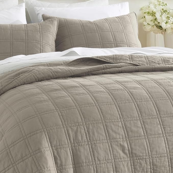 HORIMOTE HOME 100% Cotton Quilt Set Queen Size, Taupe Pre-Washed Bedspreads Coverlet Set in Geometric Pattern, Cozy Lightweight Stitching Decorative Bedding Cover with 2 Shams for All Season