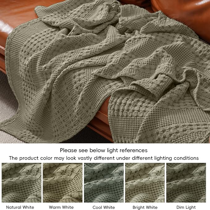 PHF Lightweight 100% Cotton Waffle Blanket for Bed, King, Dusty Sage | Pre-Washed Soft Cotton Comfort, Breathable Layering Warmth for Fall & Winter, Bed, Sofa, Couch, Home Decor & Gifts