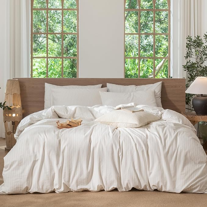 MooMee Striped Duvet Cover Set 100% Washed Cotton Linen Like Full | Relaxed Linen-like Texture. Soft, Breathable & Long-lasting Comfort. Lightweight. Hidden Zipper with 8 Interior Corner Ties