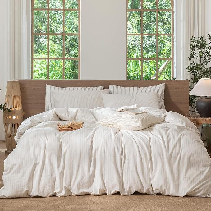 MooMee Striped Duvet Cover Set 100% Washed Cotton Linen Like King | Relaxed Linen-like Texture. Soft, Breathable & Long-lasting Comfort. Lightweight. Hidden Zipper with 8 Interior Corner Ties