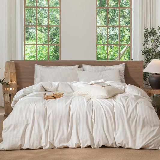 MooMee Striped Duvet Cover Set 100% Washed Cotton Linen Like Super King | Relaxed Linen-like Texture. Soft, Breathable & Long-lasting Comfort. Lightweight. Hidden Zipper with 8 Interior Corner Ties