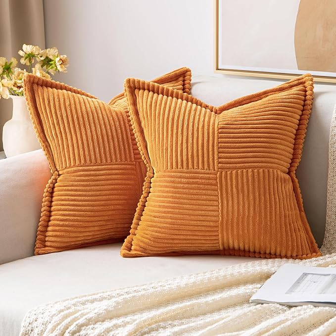 MIULEE Fall Burnt Orange Decorative Throw Pillow Covers 16x16 Inch 2 Pack | Boho Broadside Striped Patchwork Pillow Covers, Soft Corduroy Cushion Cases, For Couch Sofa Bed Livingroom Home Decor