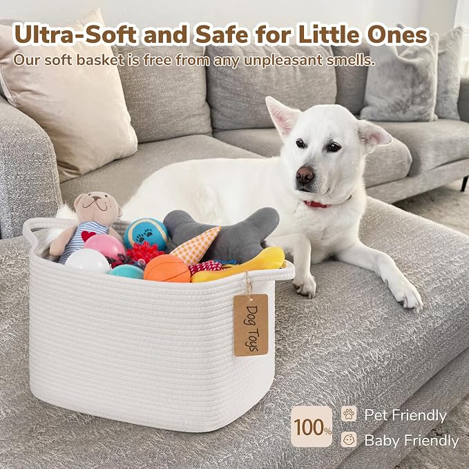 Goodpick Woven Rope Storage Basket for Shelves, Rectangle, White | 13" × 10" × 9" Stylish Gift Basket for Home Decor, Cotton Rope Baskets for Toys, Books & Towels Storage, Reinforced Handles