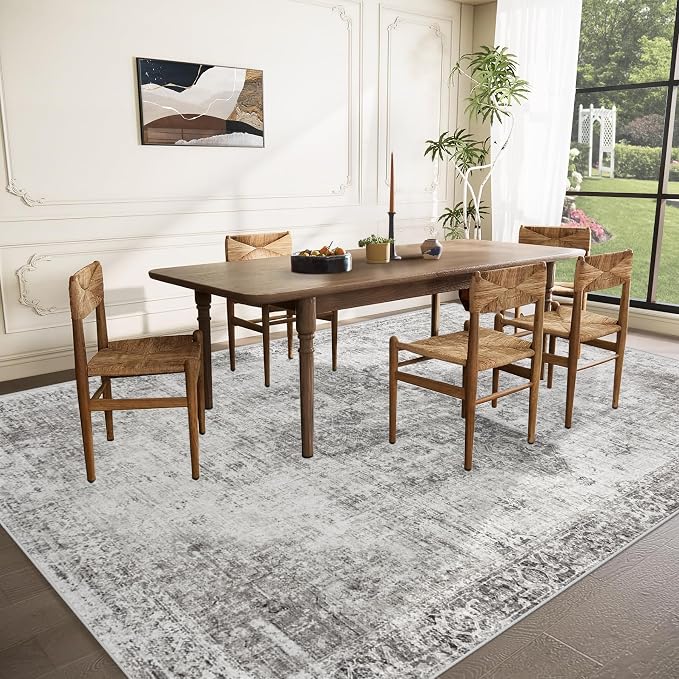 Area Rug 10x14 Washable Rug, Vintage Boho Medallion Rugs Non-Slip Soft Low Pile Large Distressed Rug Indoor Retro Carpet for Living Room Bedroom Dining Room Home Office (Grey, 10'x14')