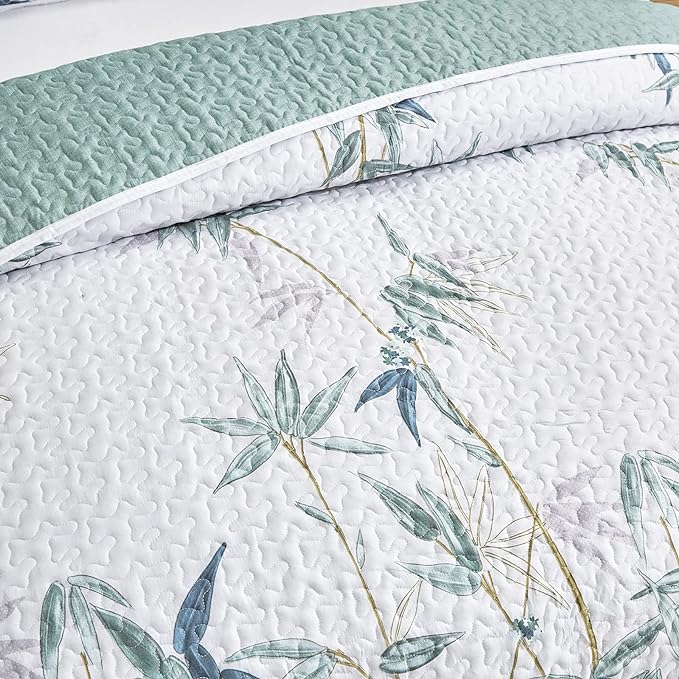 Botanical Quilt Set 3 Pieces King Size, Green Leaves Printed on White Reversible Bedspread Coverlet Set, Soft Microfiber Lightweight Bed Cover for All Season (102" x 90", 1 Quilt+ 2 Pillow Shams)