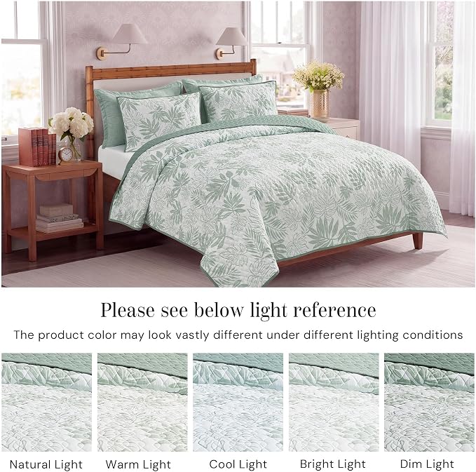 BLOOMHAVEN King Quilt Set-3 Pieces Soft Bedding Floral Reversible Coverlet | All Seasons Lightweight Quilts Queen Size for Bed, Breathable Vintage Bedspread with Shams, Green Leaf