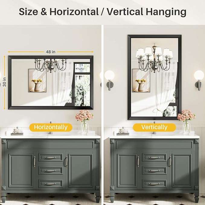 Black Metal Framed Bathroom Wall Mirror, 48x30 Inch | Anti-rust, HD tempered glass, for bathroom vanity, bedroom, living room, horizontal or vertical mount
