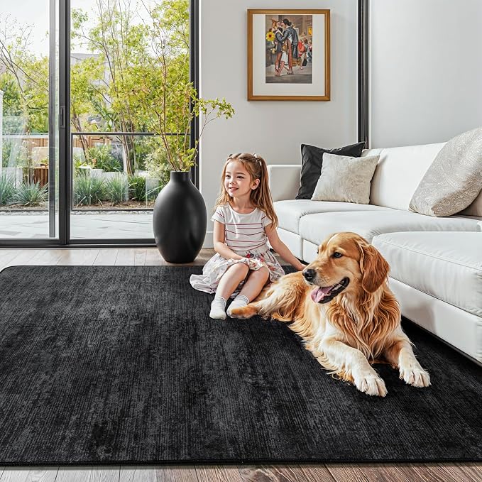 4x6 Washable Area Rug, Black Solid Area Rugs for Living Room & Bedroom | Stain-resistant & Non-slip backing,Low Pile Washable Large Carpet, Solid Vintage Style For High Traffic Areas(4x6,Black)