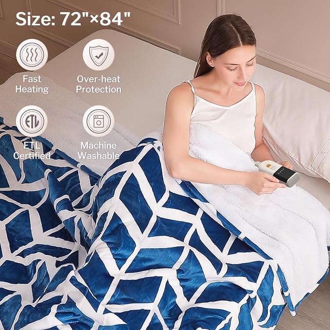 VENTIMI Heated Blanket Full, 9 Heat Levels & 2-10 Hours Auto Off, Navy | ETL & FCC, Fast Warming, 72" x 84", Flannel and Sherpa, Couch Bed Use, Machine Washable, Removable Controller