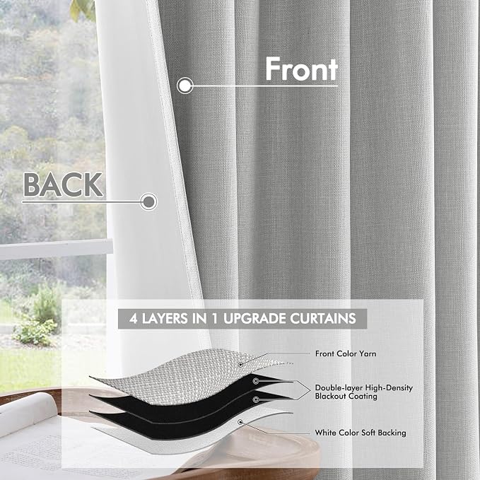 MIULEE 100% Blackout Back Tab Pleat Linen Curtains 50" Wx90 L,Grey | 2 Panels,Thick Faux Linen,Textured Drapes,with Hooks,for Bedroom Living Room,Black Out,Room Darkening