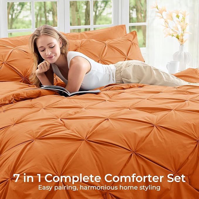 Sasttie Full Size Comforter Set, 7-Piece Bed in a Bag Double, Pintuck Bedding Set for All Season, Includes Comforter, Flat Sheet, Fitted Sheet, Pillowcases and Pillowshams, Coral Orange