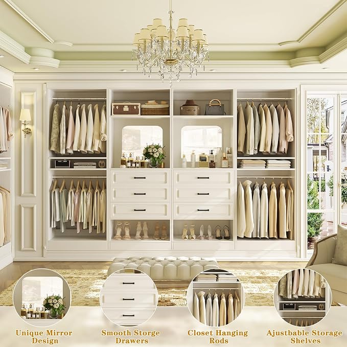 Unikito Closet System, 100" Closet Organizer with Drawers & Mirrors, White | Large Wood Walk-in Closet Wardrobe Organizer with Hanging Rods & Adjustable Shelves, Sturdy Freestanding Garment Rack Tower