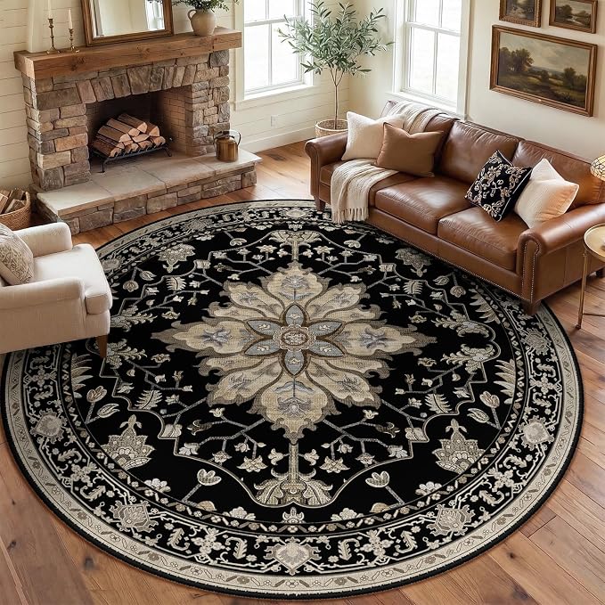 RELEANY Washable Area Rug, Round 8ft, Black/Neutral | Non-Slip, Water Repellent, Pet Friendly, Easy to Clean, Vintage Floral Boho Decor for Living Room Bedroom Dining Room