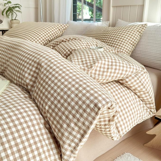 LifeTB Tan Gingham Comforter Set California King Modern Plaid Comforter Set | 3 Pieces Beige Grid Comforter with 2 Pillowcases Soft Fluffy Checkered Grid Pattern Gingham Bedding Set for All Seasons