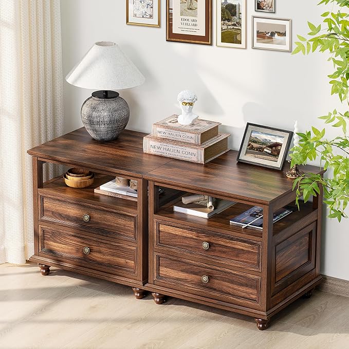 Joaxswe Farmhouse Nightstand with Charging Station, 24" Wide End Table with 2 Drawers,Brown Dresser for Bedroom, Bed Side Table Chest of Drawers Cabinet,Wood Night Stand for Living Room, Closet
