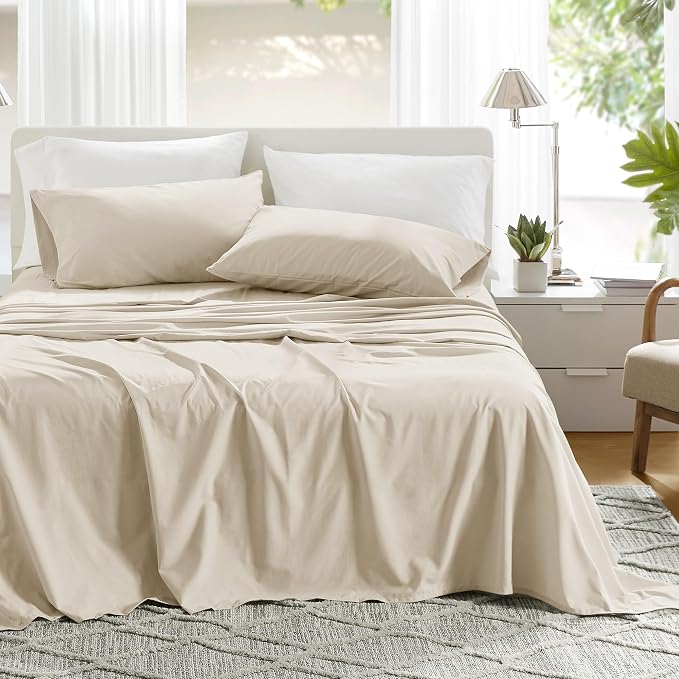 Comfort Spaces 100% Cotton Percale Sheets Queen Sheet Set 4 Pcs, Cream | Crisp, Cool & Breathable Bed Sheets, 14" Deep Pocket Fits Up to 16" Mattress, Lightweight, All Season Cozy, with Pillow Case