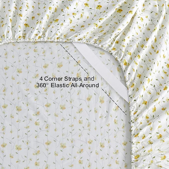 Softan King Sheet Set Yellow Floral Bed Sheets Printed Sheets - 4 Piece Soft Microfiber Patterned Fitted Sheets King with 15" Deep Pocket and Corner Straps, Cute Yellow Flower Sheets & Pillowcase Set