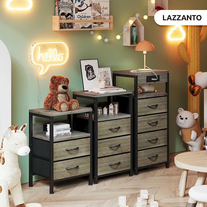 Lazzanto Night Stand with Charger Station, 4 Fabric Drawers, Grey | Nightstand, Bedside Table, Open Shelf, Built in USB-A, USB-C Port & AC Outlets, For Bedroom, Dorm, Living Room