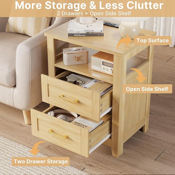 Decofy Farmhouse 2-Drawer Nightstand Set of 2 with Charging Station, Oak | Open Shelves, AC Outlets, USB And Type C Ports, Rustic Wood Bedside Tables, Storage For Small Items