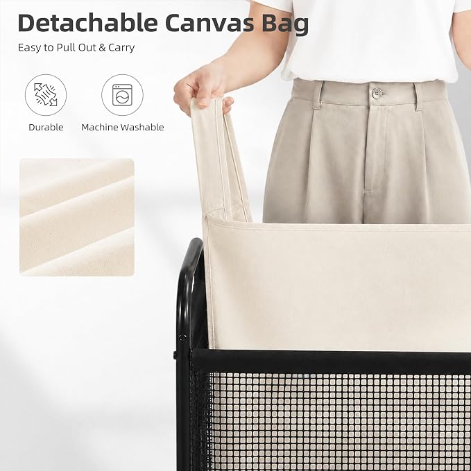 STORAGE MANIAC Rolling Laundry Hamper with Wheels 1-Section Laundry Sorter Rolling Laundrys Basket on Wheels with Removable Bag Clothes Hamper Laundrys Organizer Cart Bathroom Bedroom 90L Beige