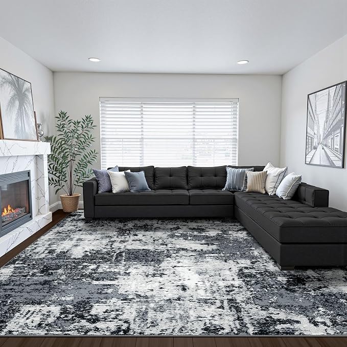 RELEANY Washable 8'x10' Abstract Area Rug for Living Room Black White | Carpet for Bedroom, Kitchen, Office, Hallway and Entryway, Printed Pattern, Non‑Slip, Soft, Stain‑Resistant, Easy to Clean