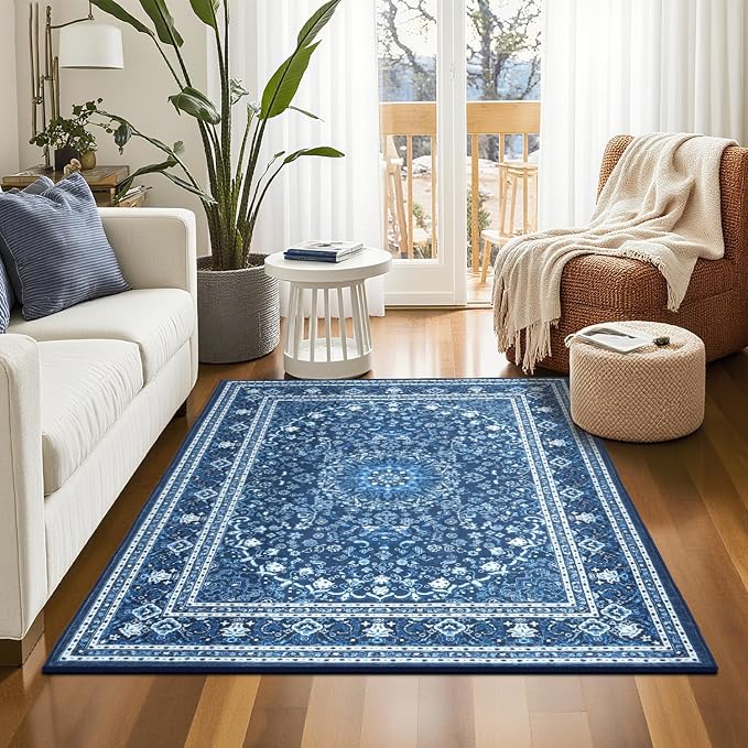 3 x 5 Area Rugs for Living Room, Washable Boho Carpets Blue White | Faux Wool Rug for Entryway Bedroom, Floral Medallion Vintage Rugs with Non-Slip Rubber, 0.25inch Low Pile Kid & Pet Friendly