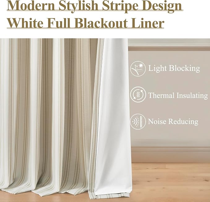 ZJDECOR 84 Inches Beige Striped Full Blackout Curtains for Bedroom | Stripe on White Cotton Blend Light Filtering with White Liner,Darkening Window Treatment,Back Tab Rod Pocket,55"Wx84"Lx2